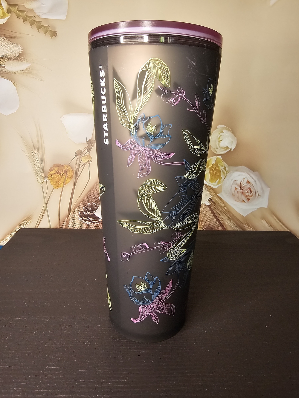 Starbucks Black Tumbler with Multicolor Floral Sketches and Purple Lid